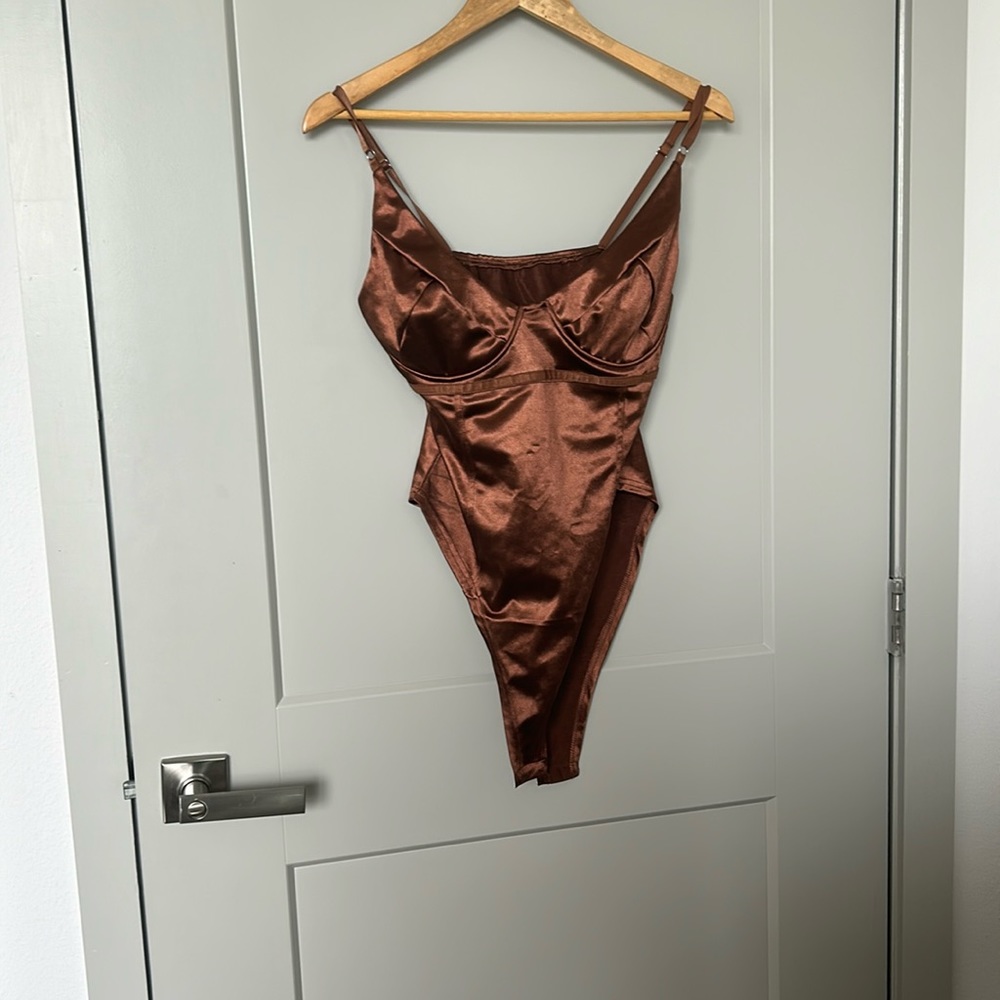 Satin brown spaghetti strap corset bodysuit XL